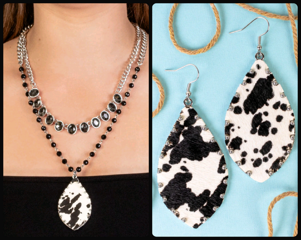 Layered Cow Print Necklace with Bonus Earrings (2 Colors Available)