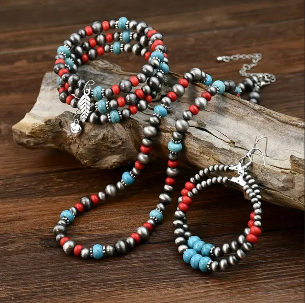 Western Multi Color Beaded Set - Necklace, Earrings, & Bracelet