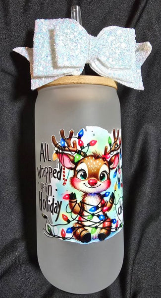 CHRISTMAS "All Wrapped Up in Holiday Cheer" Glass Tumbler 16oz Cup/Beer Can