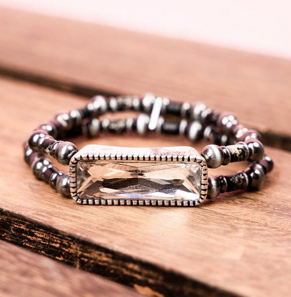 Western - Black Atmore Silvertone Beaded Double Strand Bracelet