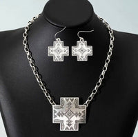Western Aztec Cross Necklace with Matching Earrings
