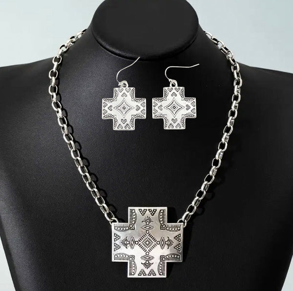 Western Aztec Cross Necklace with Matching Earrings