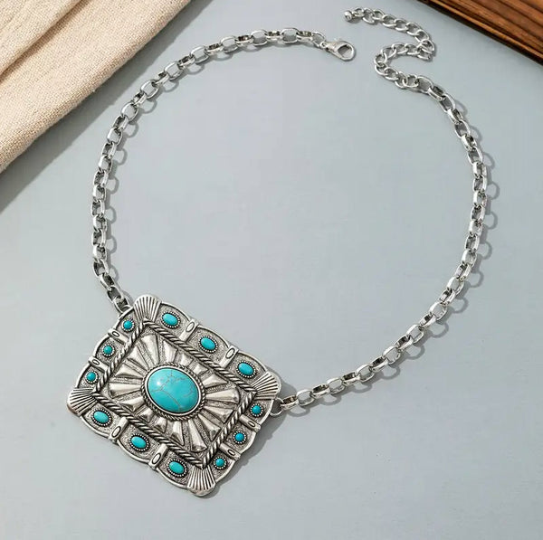 Western Large Concho Necklace with Turquoise Stones