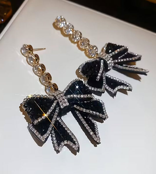 Elegant, Long, Blingy Black Bow Earrings