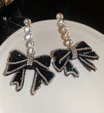 Elegant, Long, Blingy Black Bow Earrings