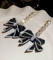 Elegant, Long, Blingy Black Bow Earrings