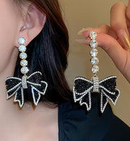 Elegant, Long, Blingy Black Bow Earrings
