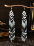 Boho-Chic Black & White Beaded Long Tassel Earrings
