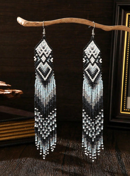 Boho-Chic Black & White Beaded Long Tassel Earrings