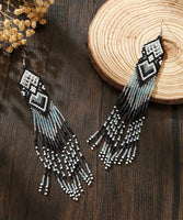 Boho-Chic Black & White Beaded Long Tassel Earrings