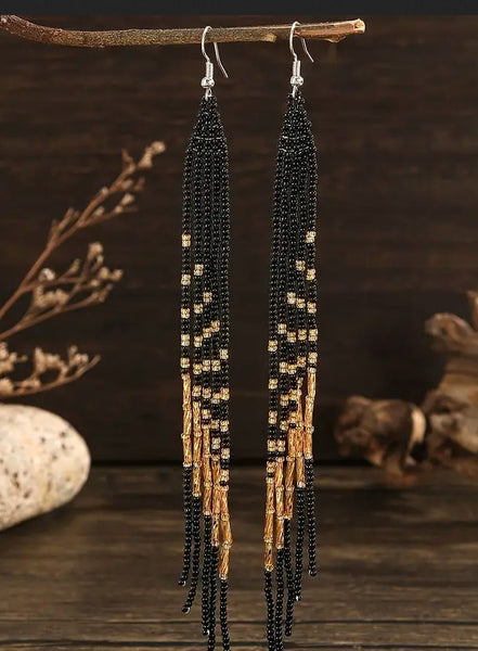 Boho-Chic Black & Gold Beaded Long Cascading Tassel Earrings