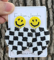 Chic Seed Bead Checkered Heart Earrings with Smiley Face Posts (2 Color Choices)