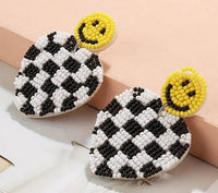Chic Seed Bead Checkered Heart Earrings with Smiley Face Posts (2 Color Choices)