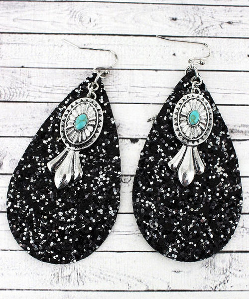 Black Glitter Teardrop with Squash Blossom Charm Earrings