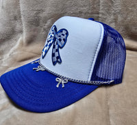 Handcrafted Blue & White Checkered Bow Trucker's Cap with Hat Chain
