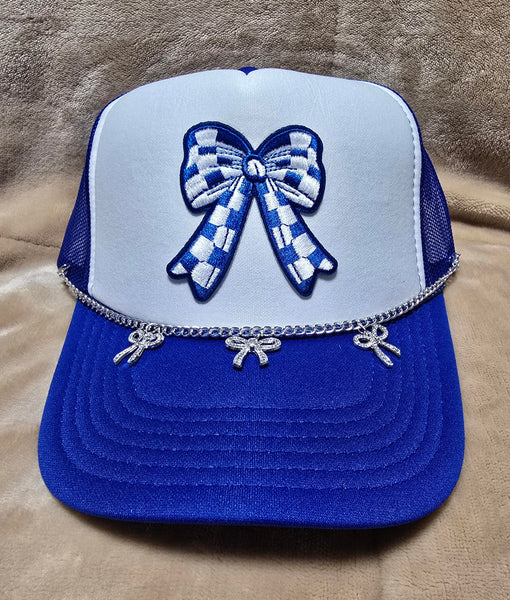 Handcrafted Blue & White Checkered Bow Trucker's Cap with Hat Chain