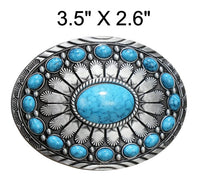 Western Style Engraved Concho with Turquoise Stones Belt Buckle