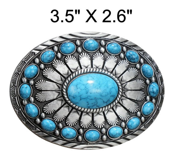 Western Style Engraved Concho with Turquoise Stones Belt Buckle