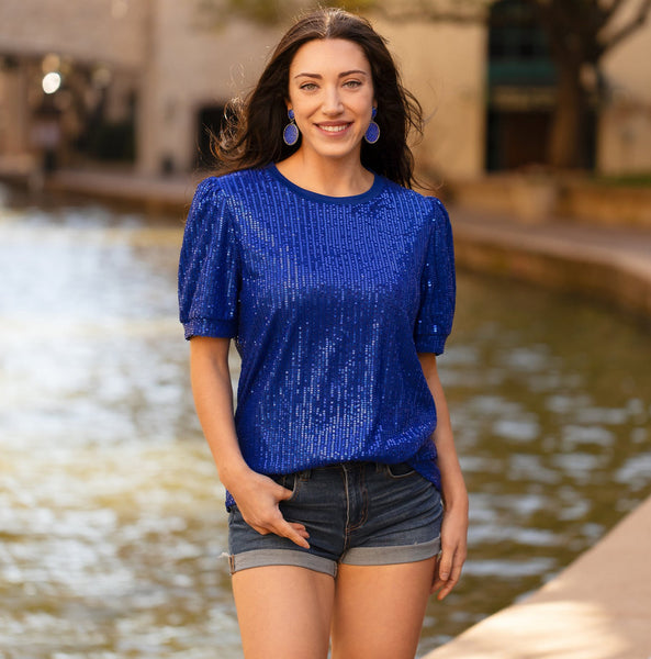 Blue - Sequin Short Sleeve Top