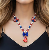 Americana Crystal Bows & Teardrop Necklace with Matching Earrings