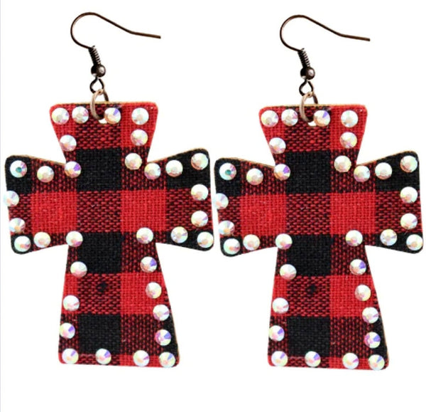 Red & Black Buffalo Plaid Cross Earrings