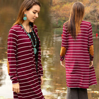Striped Cardigan with Elbow Patches & Pockets * Burgundy & White