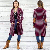 Striped Cardigan with Elbow Patches & Pockets * Burgundy & White