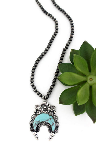 Camilla Silver Pearl Necklace with Crescent Moon Stone Bead Pendant (2 Colors Available)