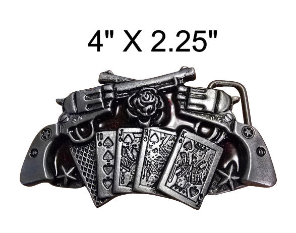 Western Style Engraved Poker Cards & Guns Buckle