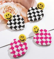 Chic Seed Bead Checkered Heart Earrings with Smiley Face Posts (2 Color Choices)