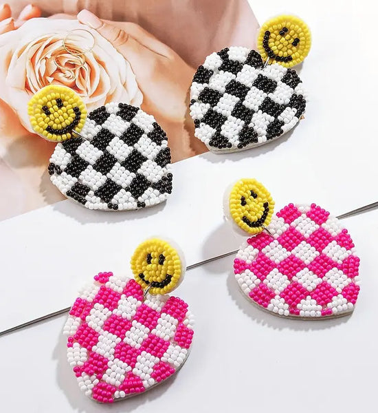 Chic Seed Bead Checkered Heart Earrings with Smiley Face Posts (2 Color Choices)