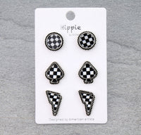 Checkered Spade Necklace with 3 Pairs of Earrings