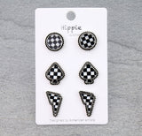 Checkered Spade Necklace with 3 Pairs of Earrings
