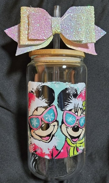 CHRISTMAS "Mickey & Minnie" Glass Tumbler 16oz Cup/Beer Can