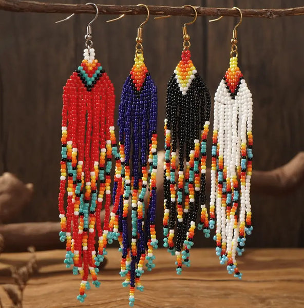 Boho-Chic Beaded Long Tassel Earrings (4 Color Choices)