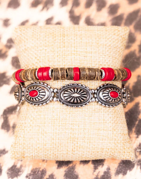 Western - Coral Concho & Beaded Silvertone Bracelet Set