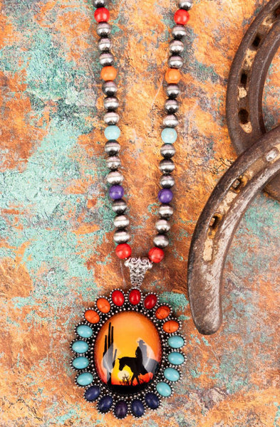 Cowboy Sunset Multi-Color & Silver Pearl Necklace