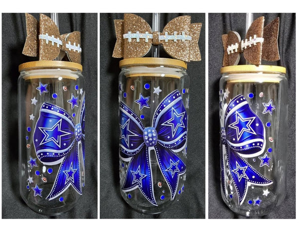 FOOTBALL "Cowboys Bow" Glass Tumbler 16oz Cup/Beer Can