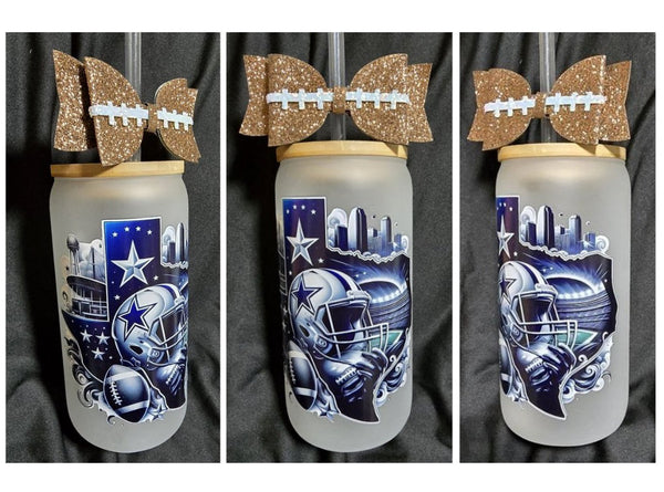FOOTBALL "Cowboys State" Glass Tumbler 16oz Cup/Beer Can