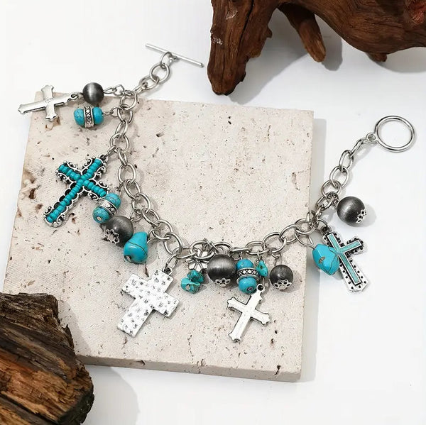 Western Boho Turquoise Cross Charm Bracelet