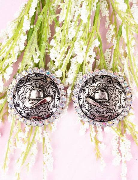 Crystal Cowboy Hat Silvertone Earrings