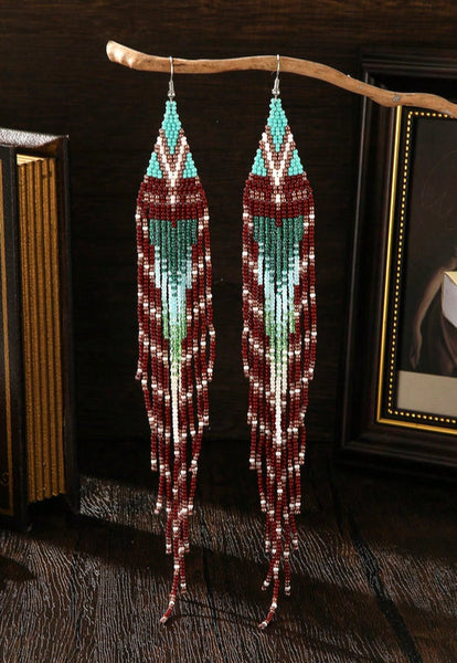 Boho-Chic Dark Red Beaded Long Tassel Earrings