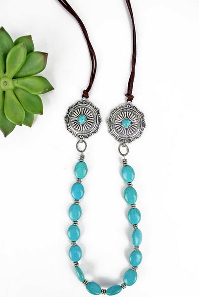 Turquoise Beaded Double Concho Cord Necklace