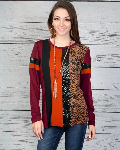 Autumn Bold Stripes Long Sleeve Top with Black Sequin Accents