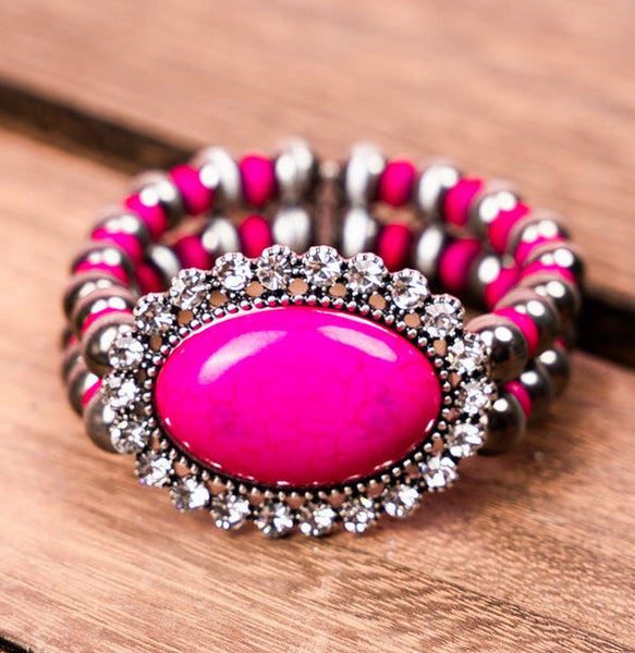 Western - Fuchsia Berkeley Silvertone Beaded Double Strand Bracelet