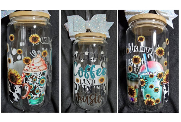 "Fueled By Coffee & Country Music" Glass Tumbler 16oz Cup/Beer Can