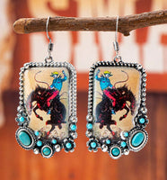 Restocked - Western Vintage Cowboy Printed Pendant Layered Necklace with Matching Earrings
