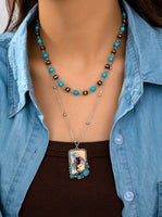 Restocked - Western Vintage Cowboy Printed Pendant Layered Necklace with Matching Earrings