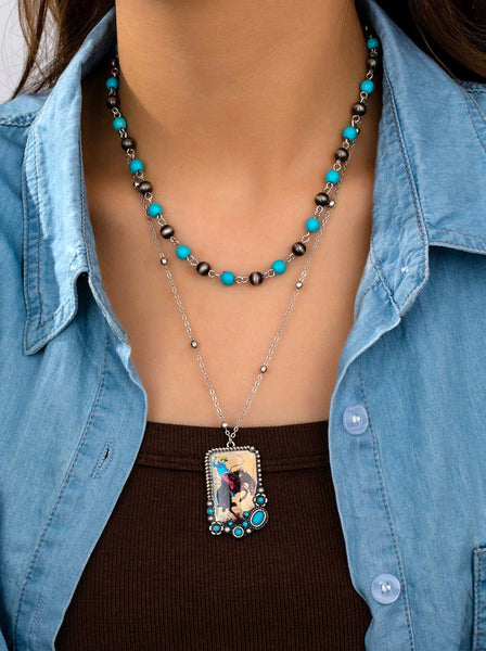 Restocked - Western Vintage Cowboy Printed Pendant Layered Necklace with Matching Earrings