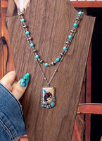 Restocked - Western Vintage Cowboy Printed Pendant Layered Necklace with Matching Earrings